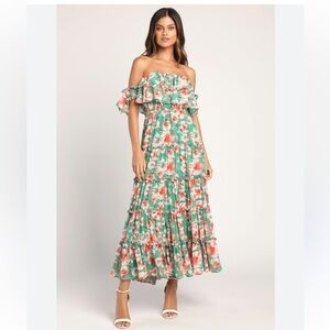 Lulus Green Floral Off-the-Shoulder Ruffled Maxi Dress, XS